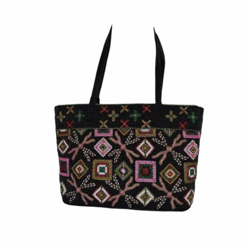 Comeco Hand-Beaded Tote Bag – Multicolor on Black